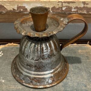 Vintage Copper and Tin Engraved Candle Holder